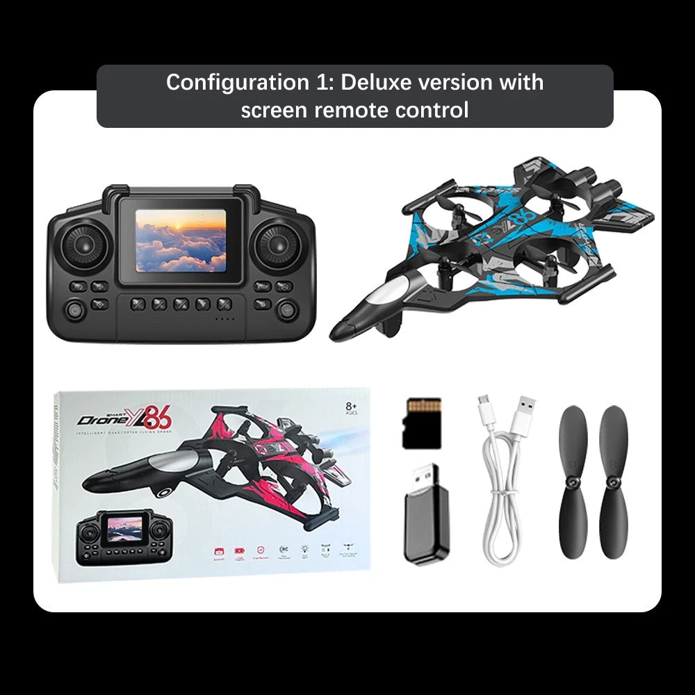 YL86 Fighter Jet RC Quadcopter Drone with FPV Screen Remote & LED Lights