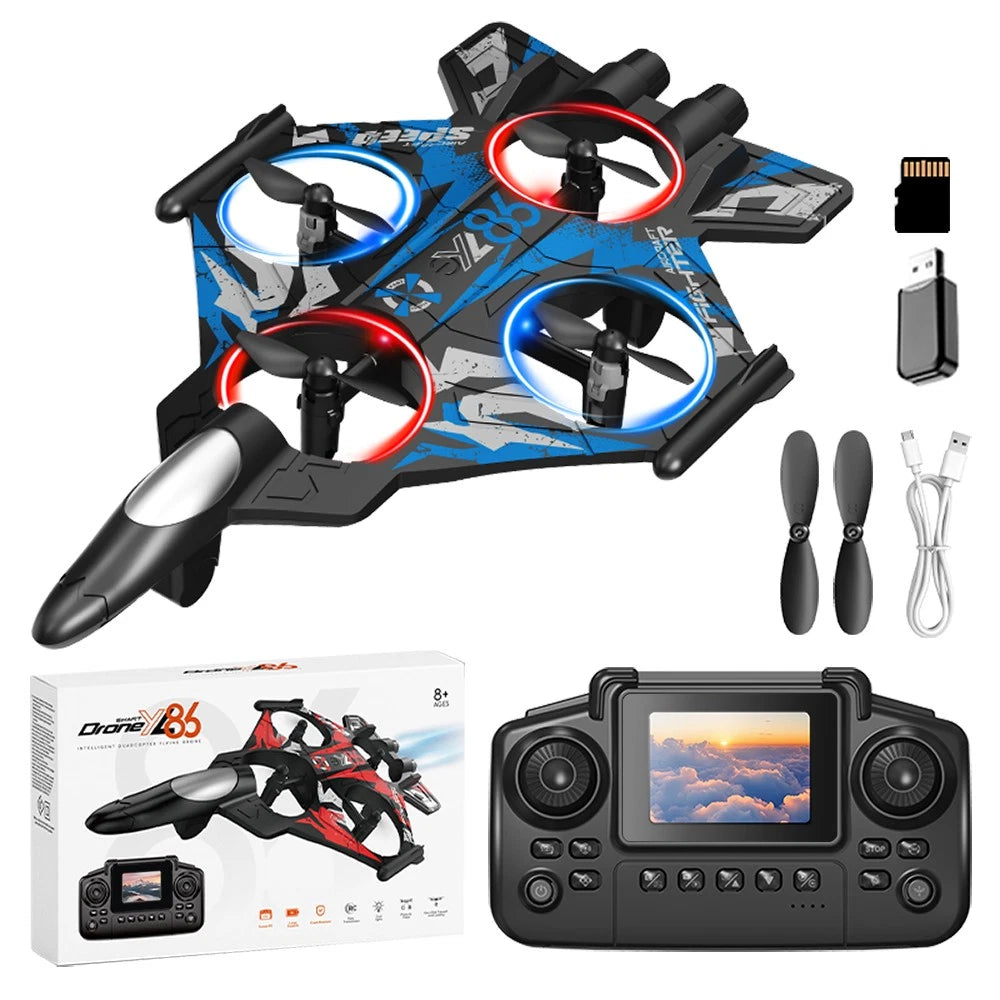 YL86 Fighter Jet RC Quadcopter Drone with FPV Screen Remote & LED Lights