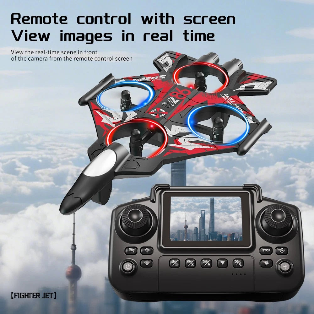 YL86 Fighter Jet RC Quadcopter Drone with FPV Screen Remote & LED Lights