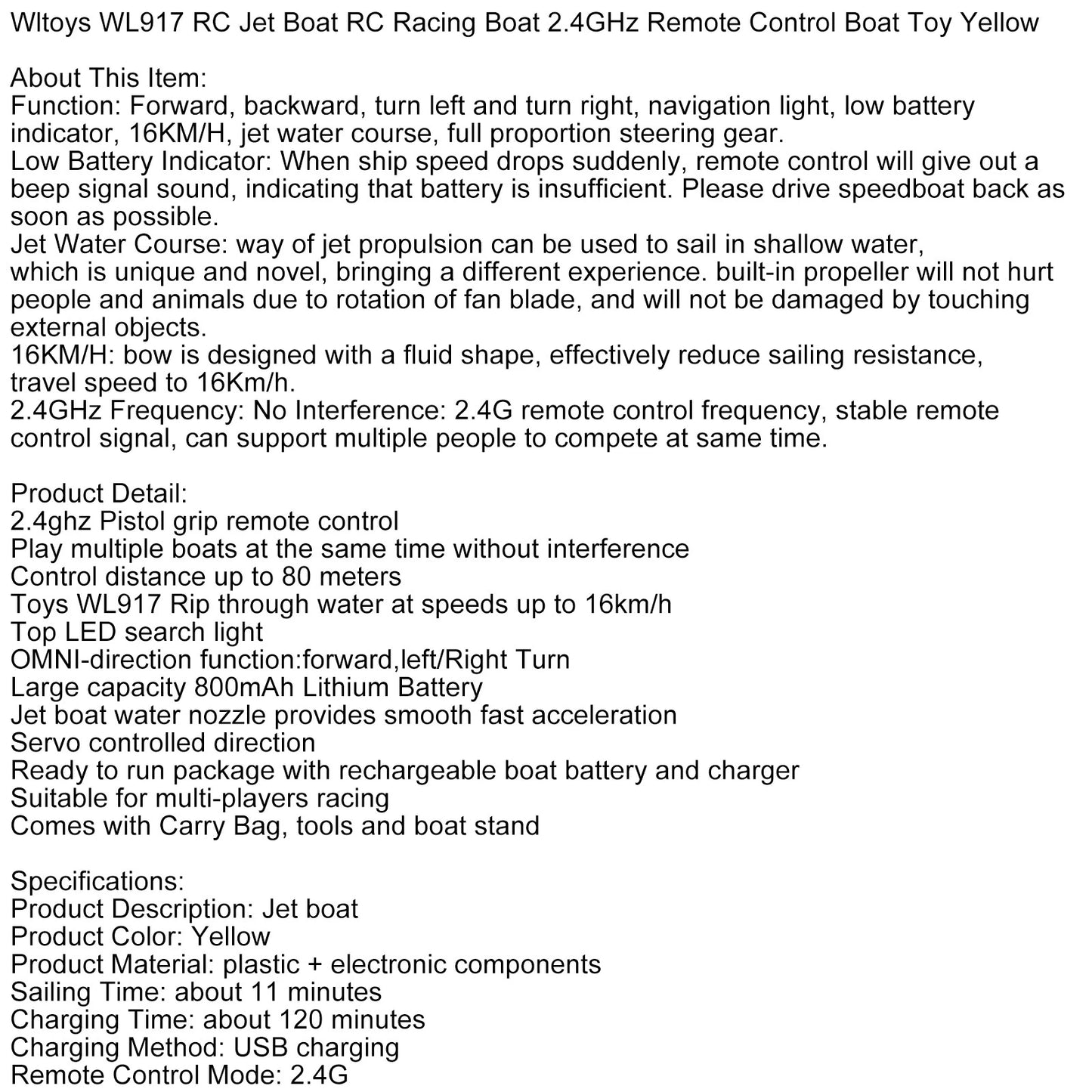 WLtoys WL917 2.4GHz RC Jet Boat - High-Speed Remote Control Racing Boat, Yellow