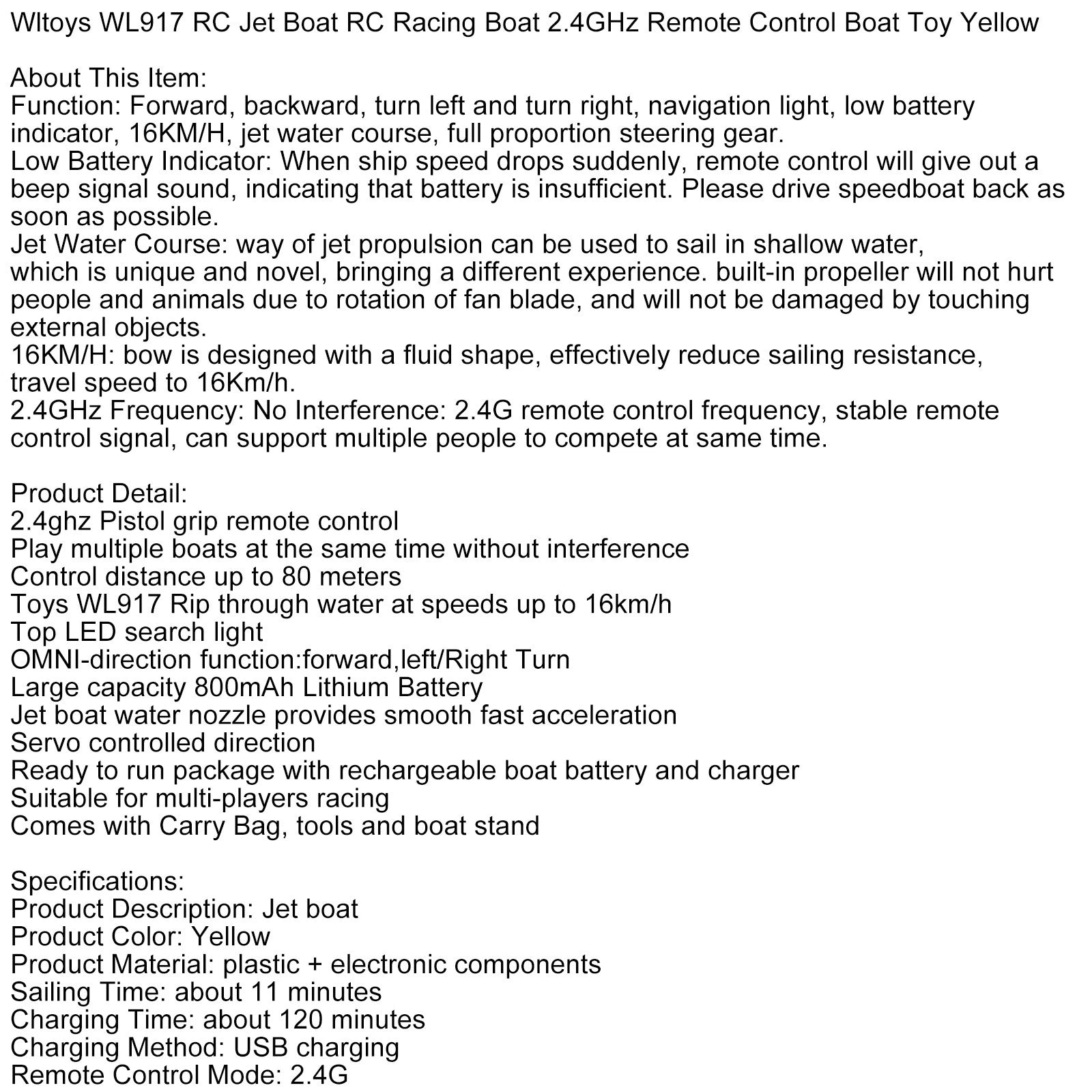 WLtoys WL917 2.4GHz RC Jet Boat - High-Speed Remote Control Racing Boat, Yellow