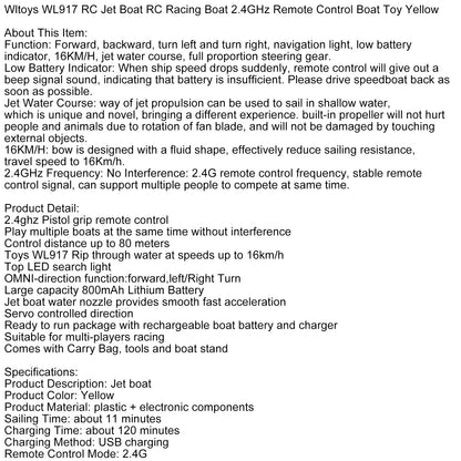 WLtoys WL917 2.4GHz RC Jet Boat - High-Speed Remote Control Racing Boat, Yellow