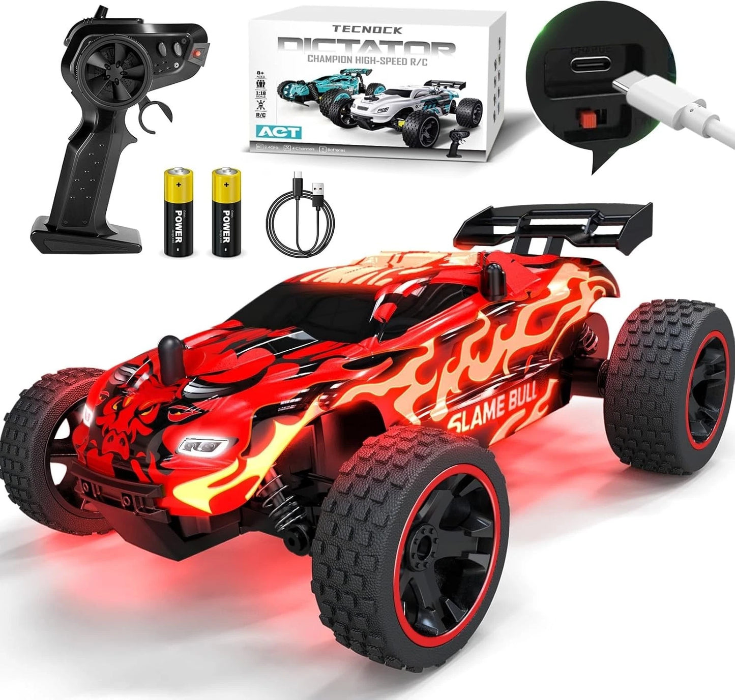 1/18 Scale 4x4 Off-Road RC Truck with LED Lights and USB-C Charging